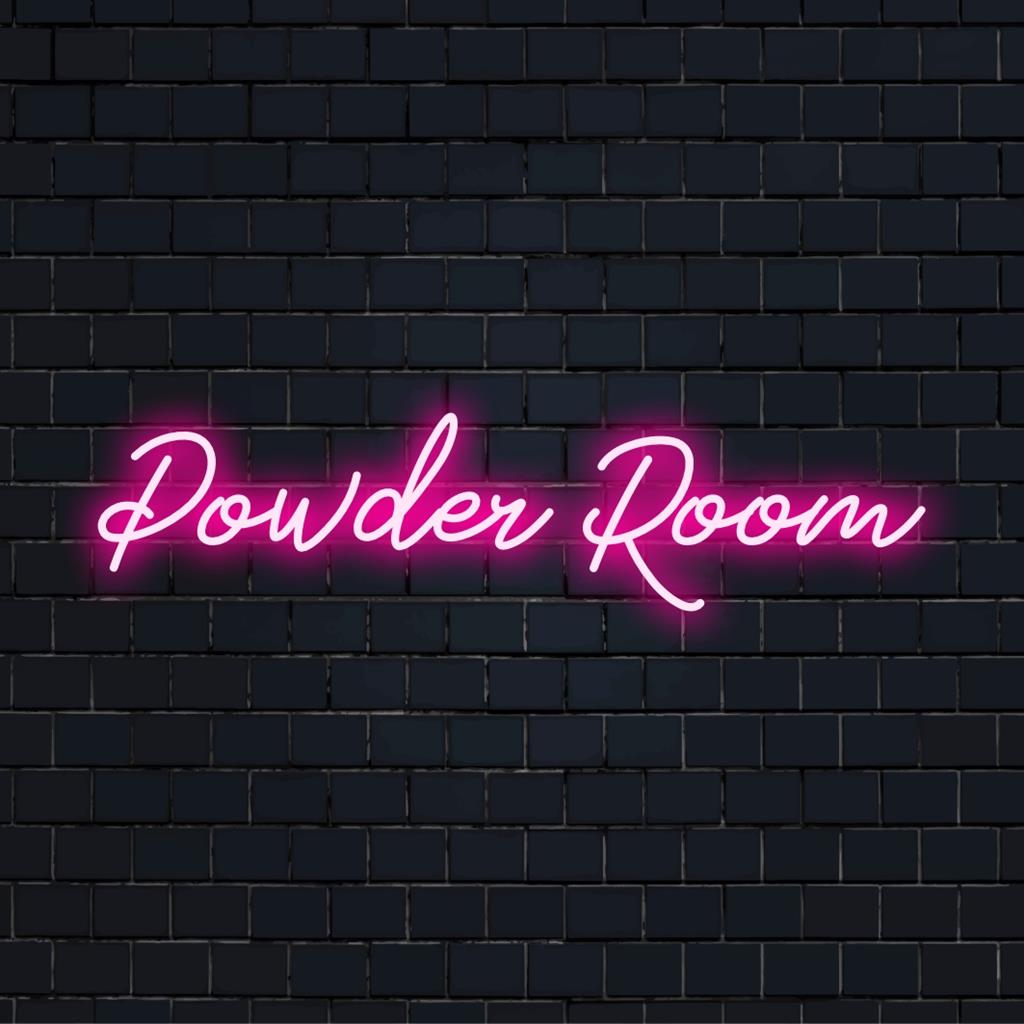 Custom LED neon sign with Powder Room glowing, ideal for stylish decor or chic bathroom signage.