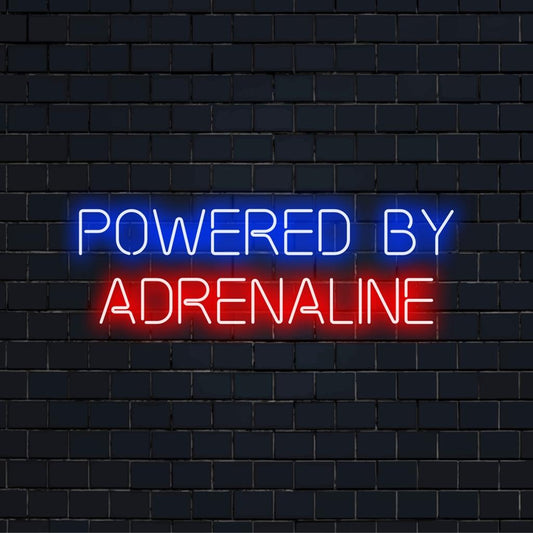 Custom LED neon sign Powered By Adrenaline, perfect for personalized neon art and vibrant wall decor.