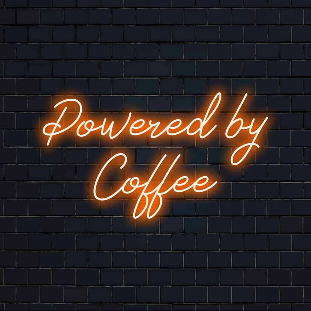 Custom LED neon sign reading 'Powered By Coffee', ideal for cafe decor or coffee lovers, adds a vibrant touch to any space.