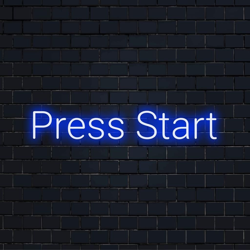 Eloisa mittatilaustyönä valmistettu LED-valokyltti, jossa on lause Press Start; täydellinen retro-pelitunnelman lisäämiseen mihin tahansa tilaan.