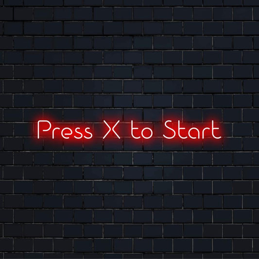 Mukautettu LED-valokyltti Press X to Start -designilla, jossa on elävää neontaidetta ainutlaatuiseen sisäsisustukseen.