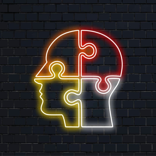 "Puzzle Head Neon Sign" on ajatuksia herättävä lisäys tiloihin, joissa juhlitaan ihmismielen monimutkaisuutta. Valaise uteliaisuuden ja älyn olemus!