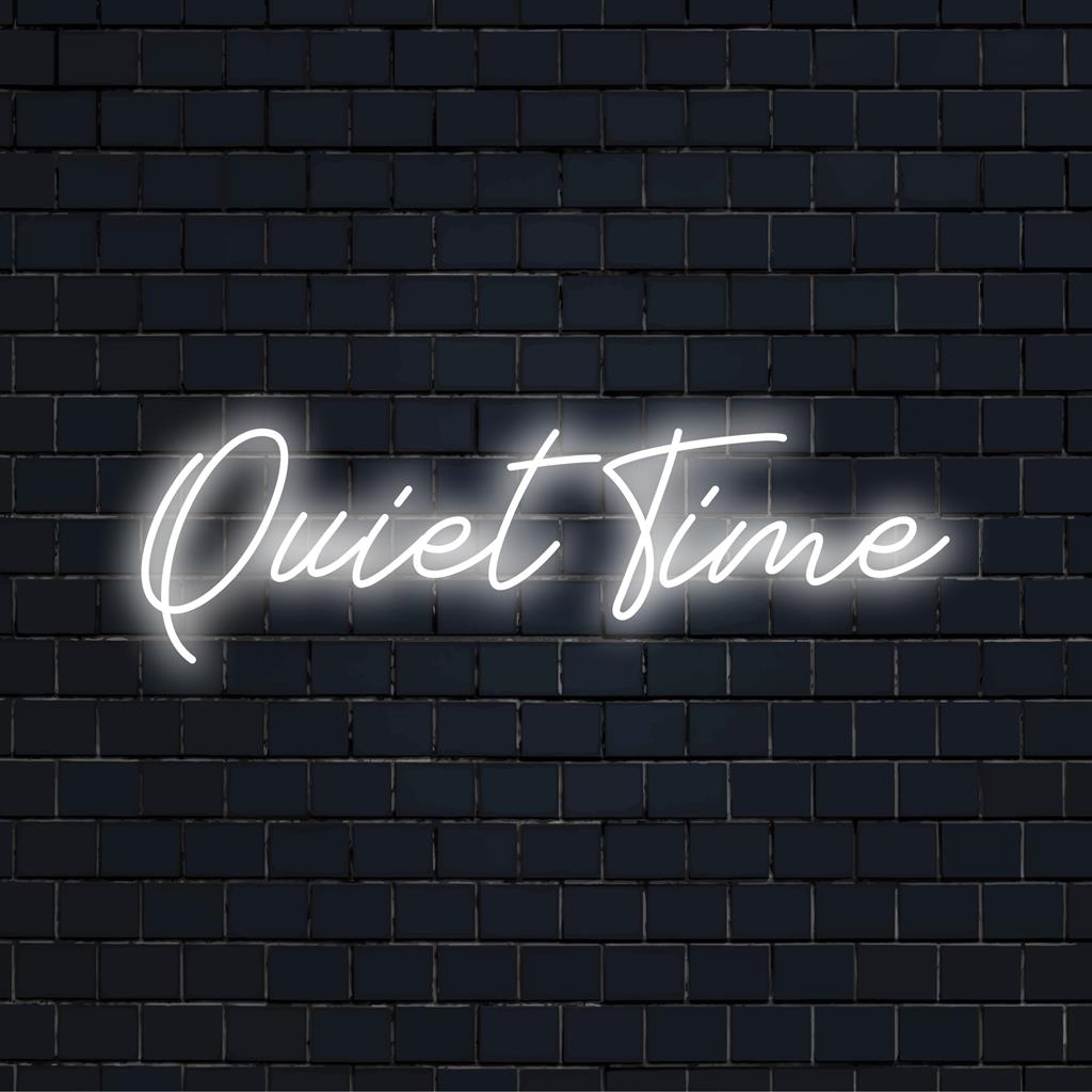 Custom LED neon sign illuminating Quiet Time with ambient glow, perfect for serene spaces and calming decor setups.