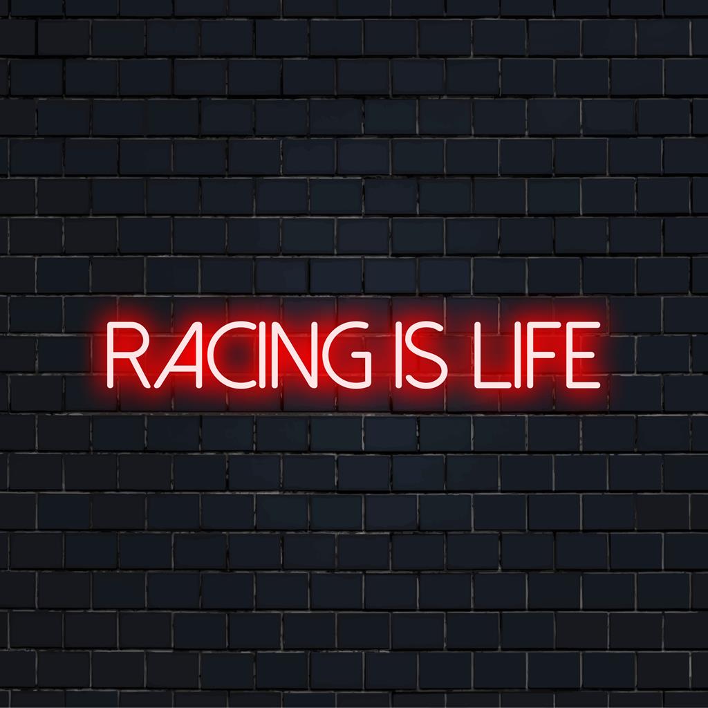 Mukautettu LED-valokyltti: Vibrant Racing Is Life -muotoilu, täydellinen moottoriurheilun ystäville ja neonseinätaiteen ystäville.