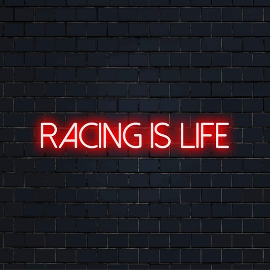 Mukautettu LED-valokyltti: Vibrant Racing Is Life -muotoilu, täydellinen moottoriurheilun ystäville ja neonseinätaiteen ystäville.