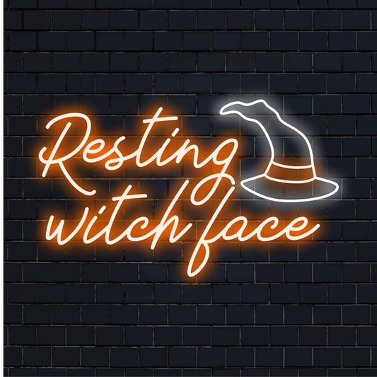 Resting Witch Face custom LED neon sign; vibrant neon text art perfect for spooky neon light decor. Neon sign custom made for your space.