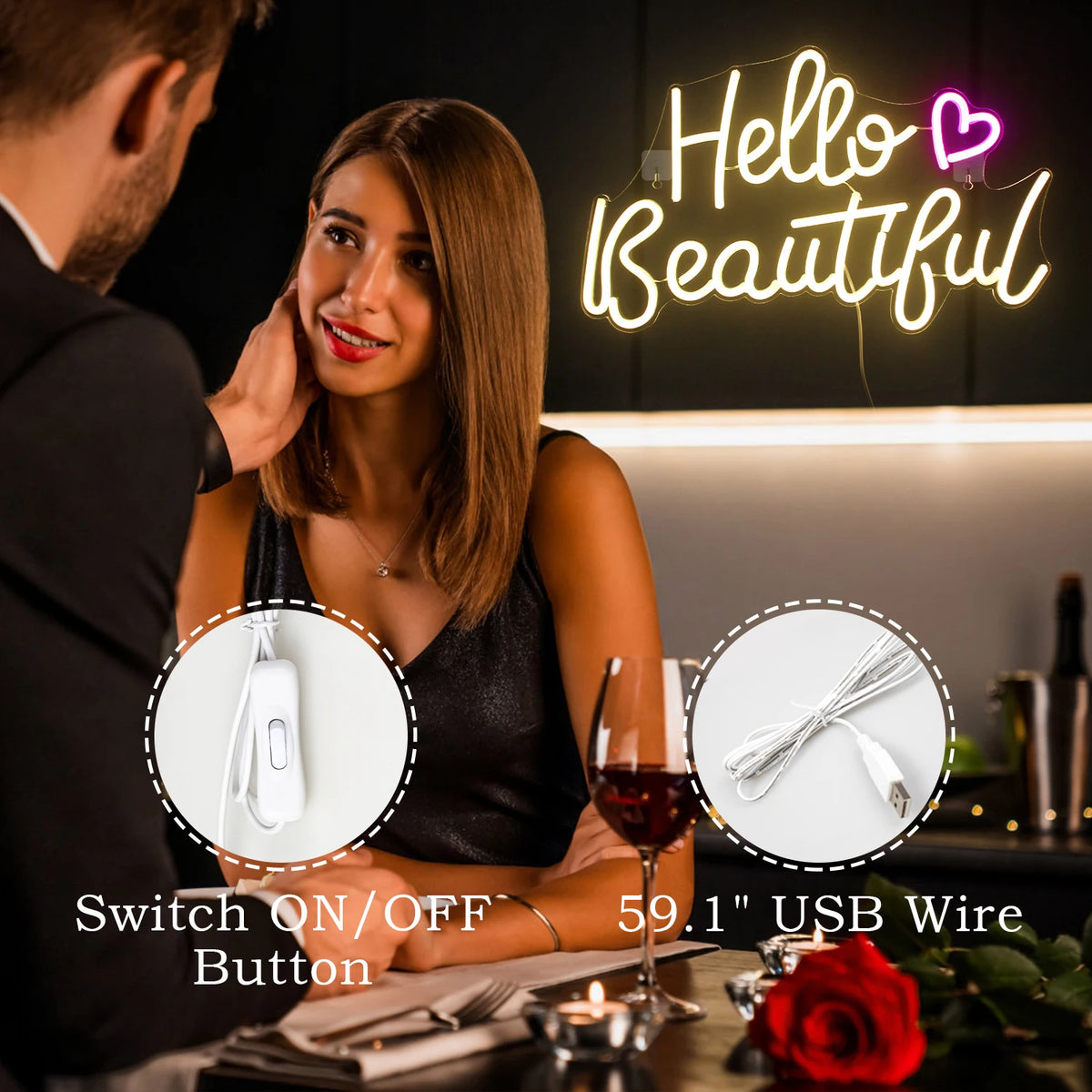 Hello Beautiful – Sydän – LED-neonvalomainos (5 V USB)
