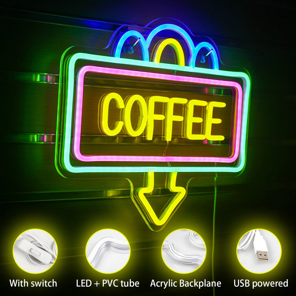 COFFEE – Suorakaidekehys ja alaspäin osoittava nuoli – LED-neonvalomainos (5 V USB)