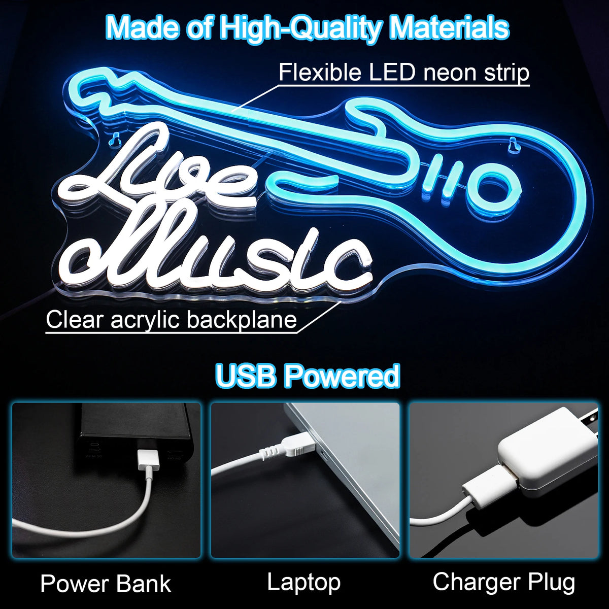 Guitar Live Music 5V USB LED Neon Sign - Budget Friendly