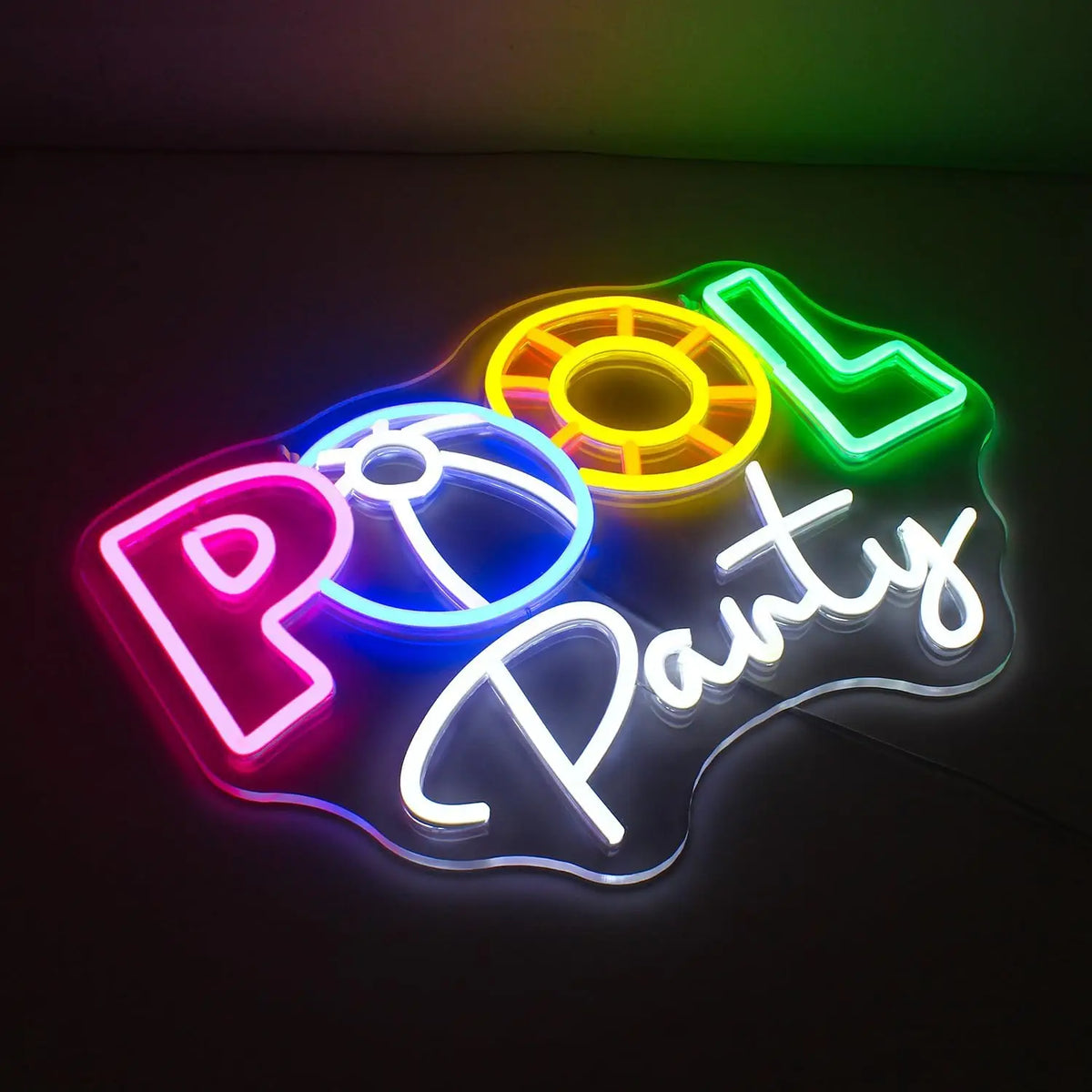 POOL Party – Rantapallo ja uimarengas – LED-neonkyltti (5 V USB)