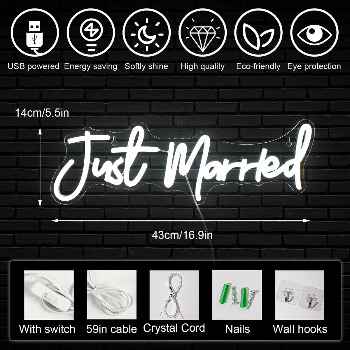 Just Married Wedding – LED-neonkyltti (5 V USB)