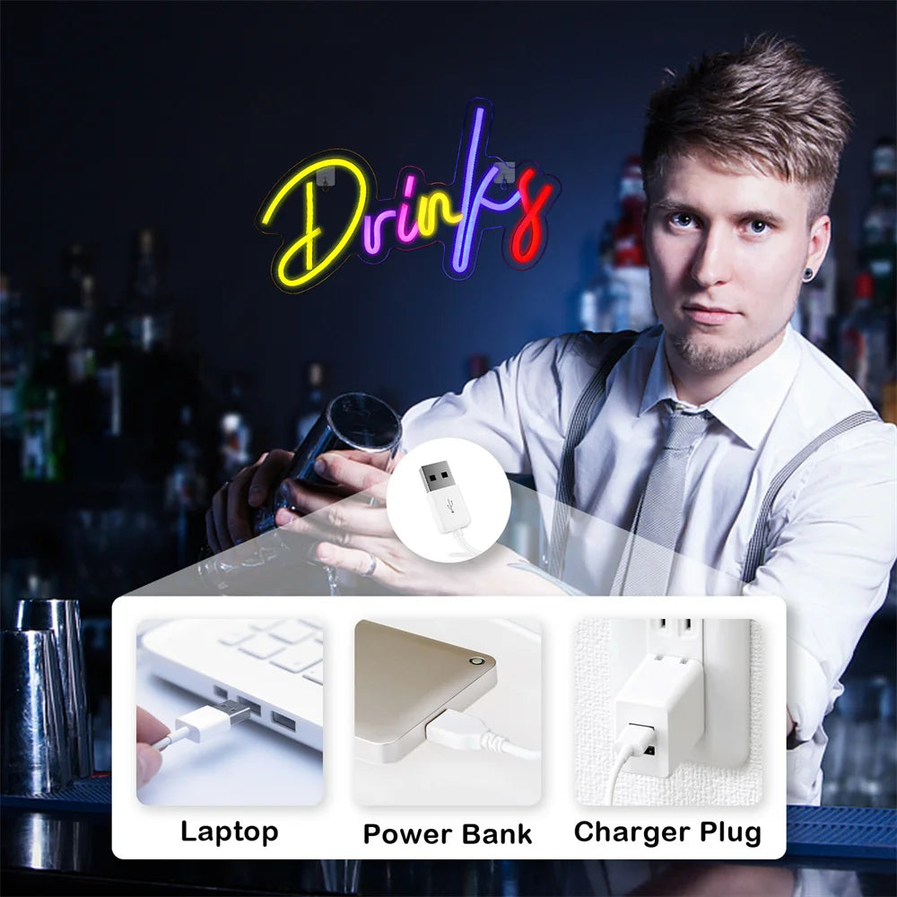 Drinks – Värikkäät kirjaimet – LED-neonvalomainos (5 V USB)
