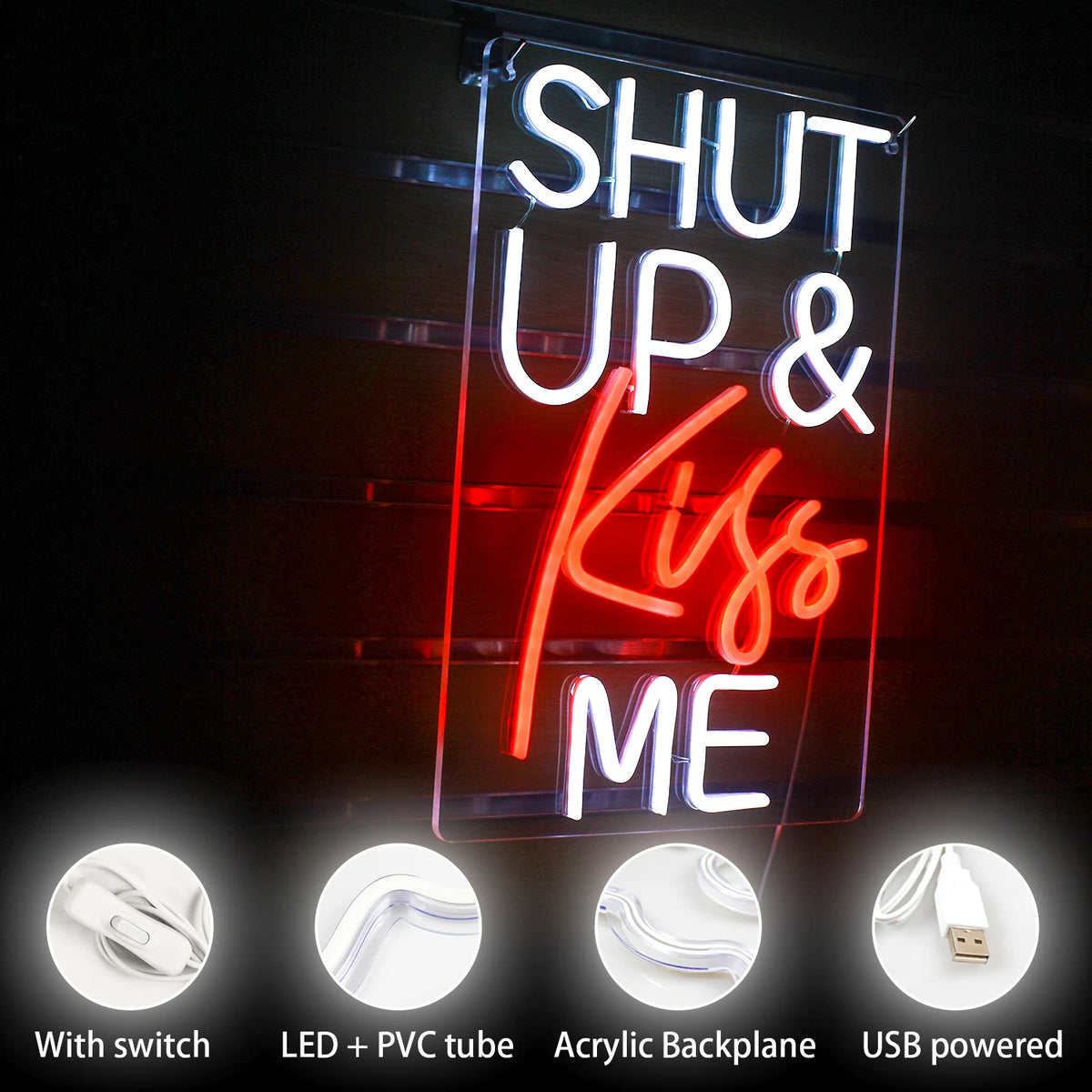 Shut Up & Kiss Me – LED-neonkyltti (5 V USB)