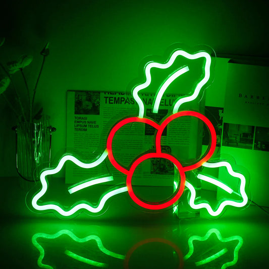 A vibrant LED neon sign shaped like traditional Christmas holly.