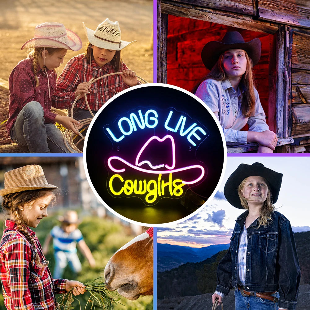 LONG LIVE Cowgirls – Cowboyhattu – LED-neonkyltti (5 V USB)