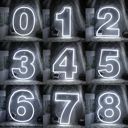 The image displays a colorful LED neon sign in the shape of a digital number "7".