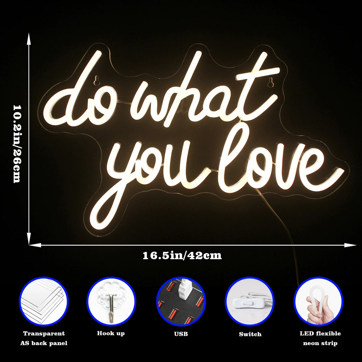 Do What You Love – Sydän – LED-neonkyltti (5 V USB)