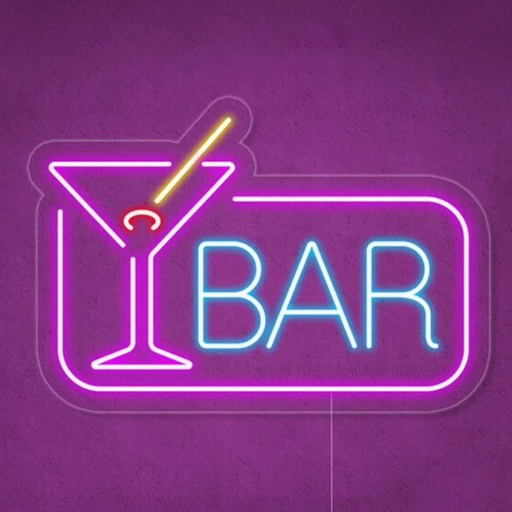 BAR – Cocktaillasi ja suorakaiteen muotoinen reunus – LED-neonvalomainos (5 V USB)