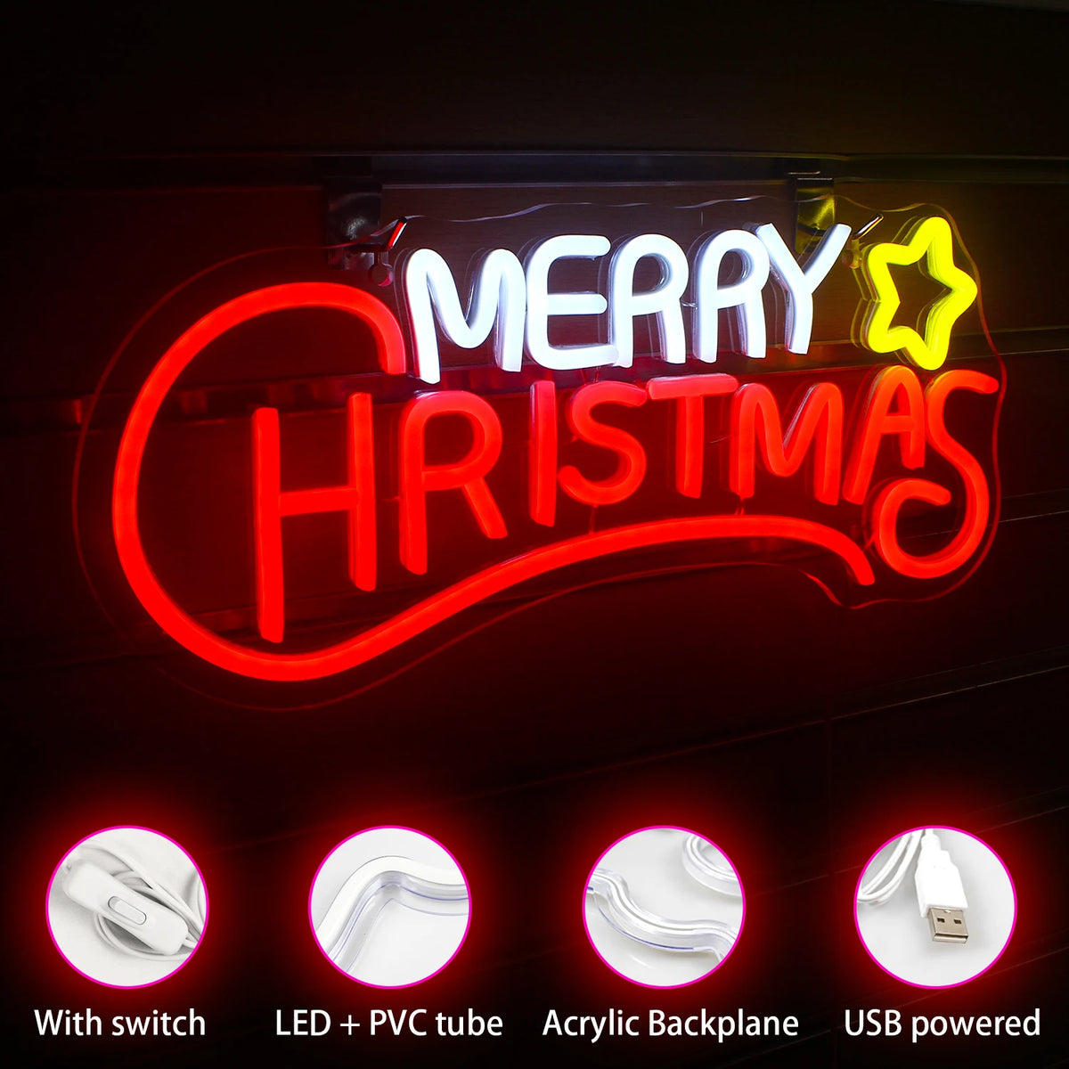 Merry Christmas – Tähti – LED-neonkyltti (5 V USB)