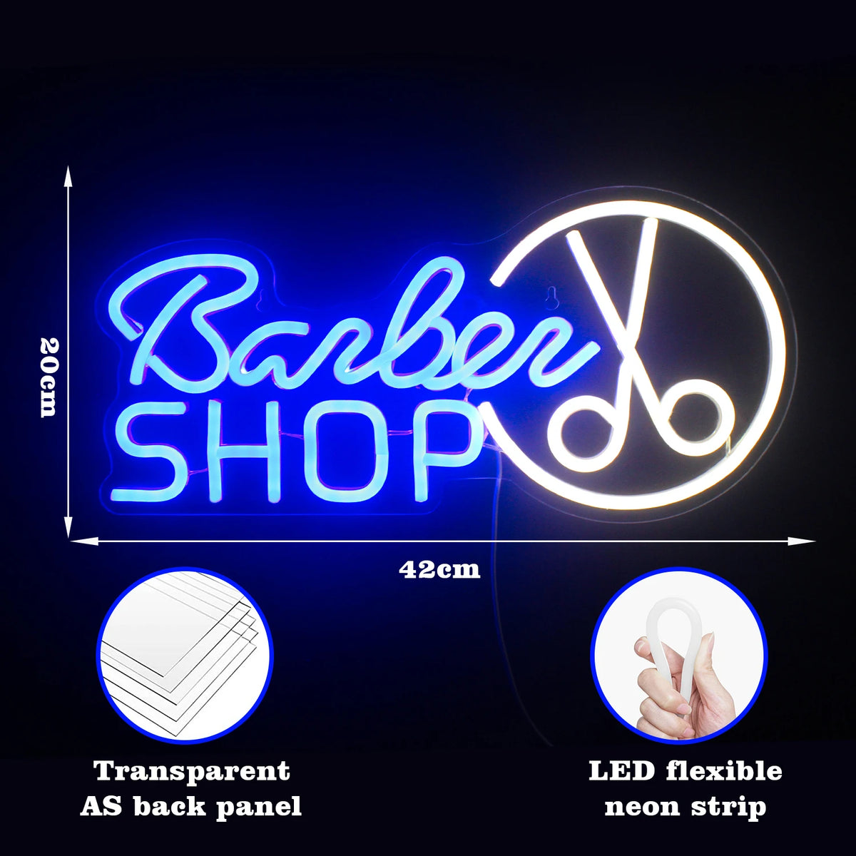 Barber SHOP – Sakset pyöreässä kehyksessä – LED-neonvalomainos (5 V USB)