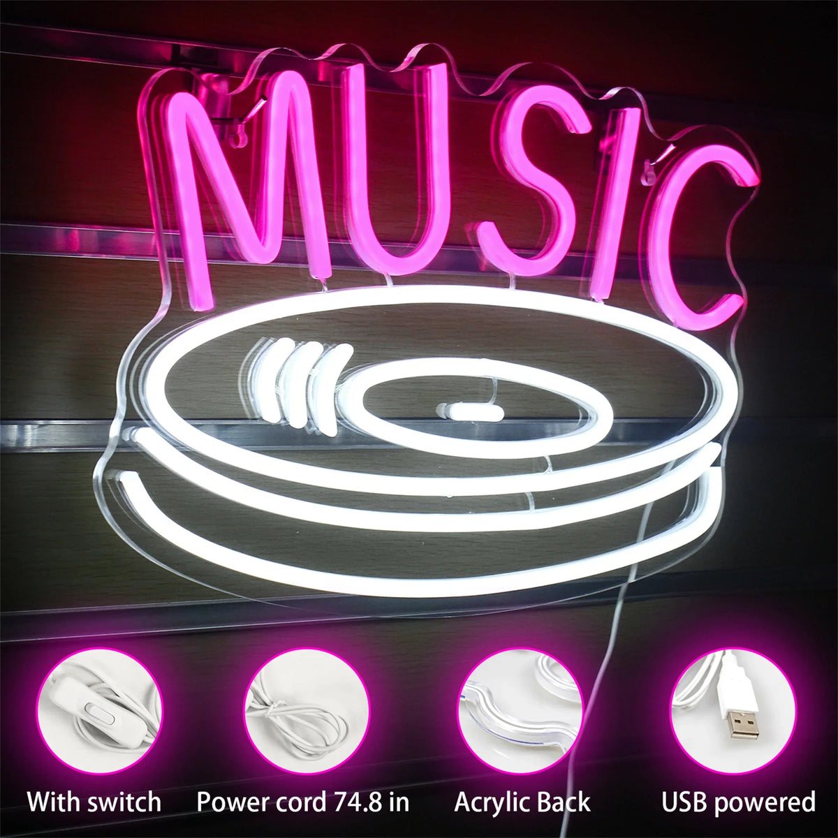 MUSIC – Vinylskiva – LED-neonskylt (5 V USB)