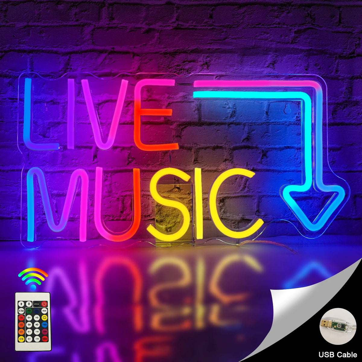 Eloisa LED-neonkyltti, jossa on sana "Live Music" lihavoitulla taiteellisella fontilla.