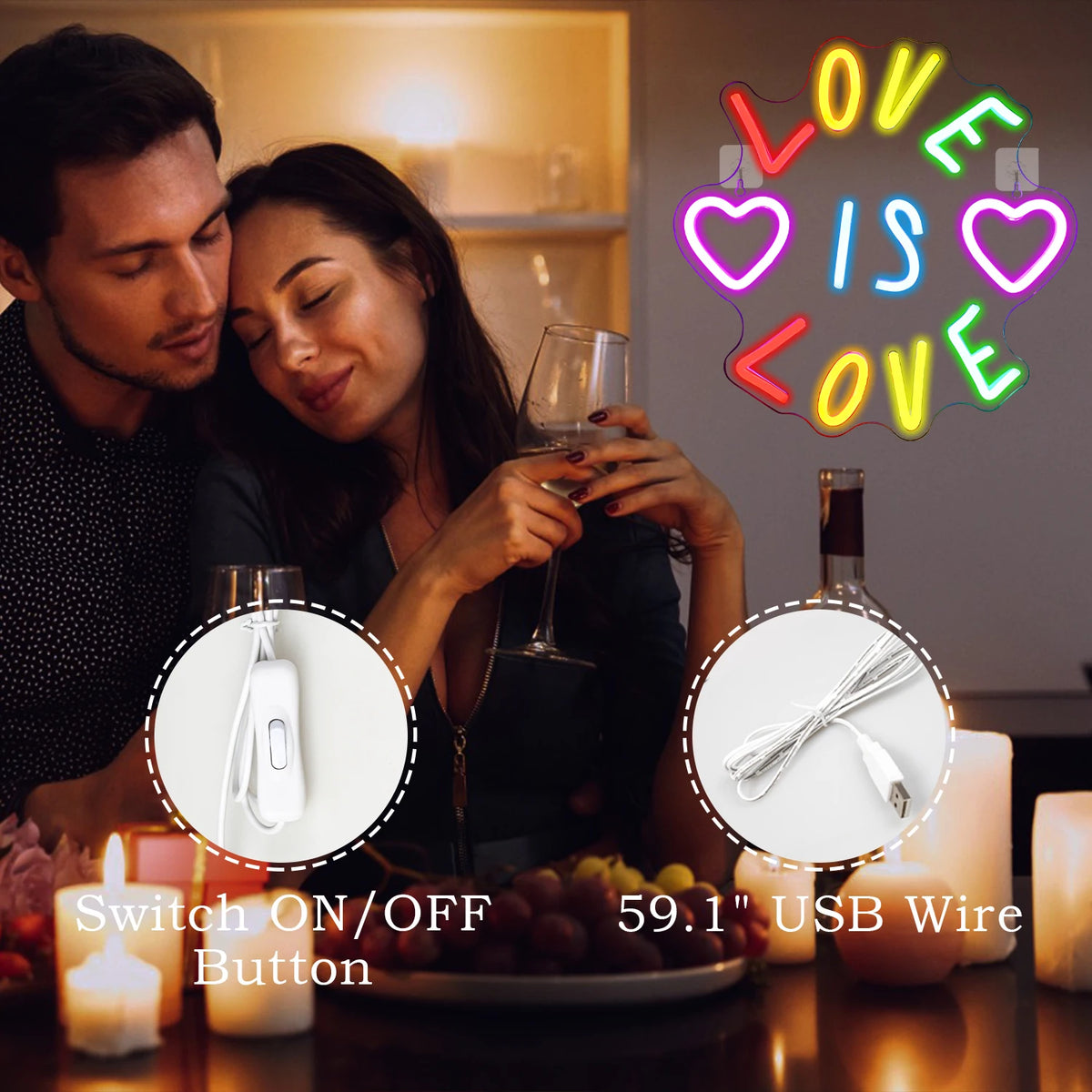 LOVE IS LOVE – Sydämet ja värikkäät kirjaimet – LED-neonkyltti (5 V USB)