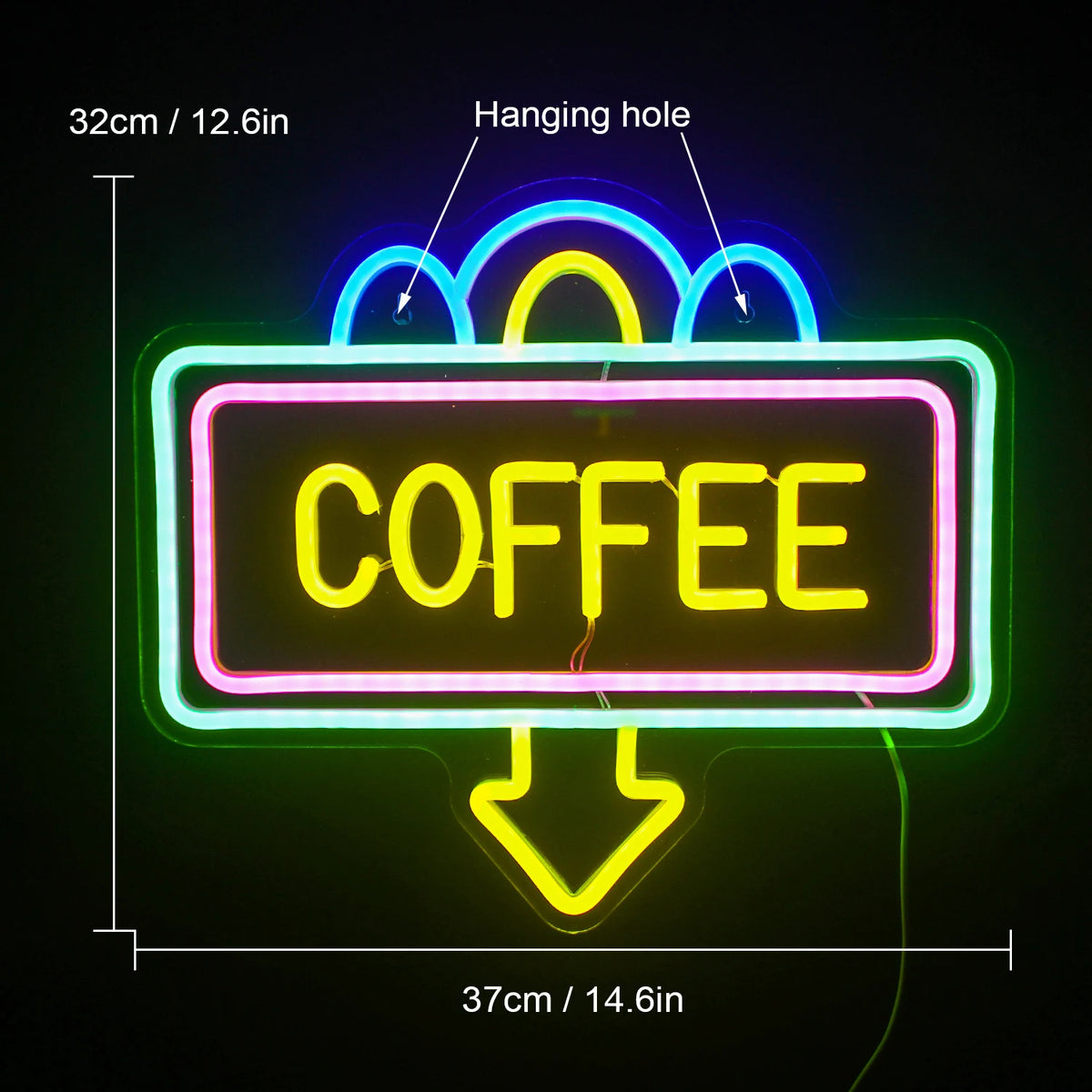 COFFEE – Rektangulär ram och nedåtpil – LED-ljusskylt (5 V USB)