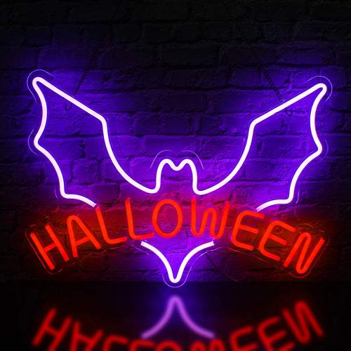 En glödande, handgjord LED-neonskylt visar ordet "Halloween" i livfulla orange och lila färger.