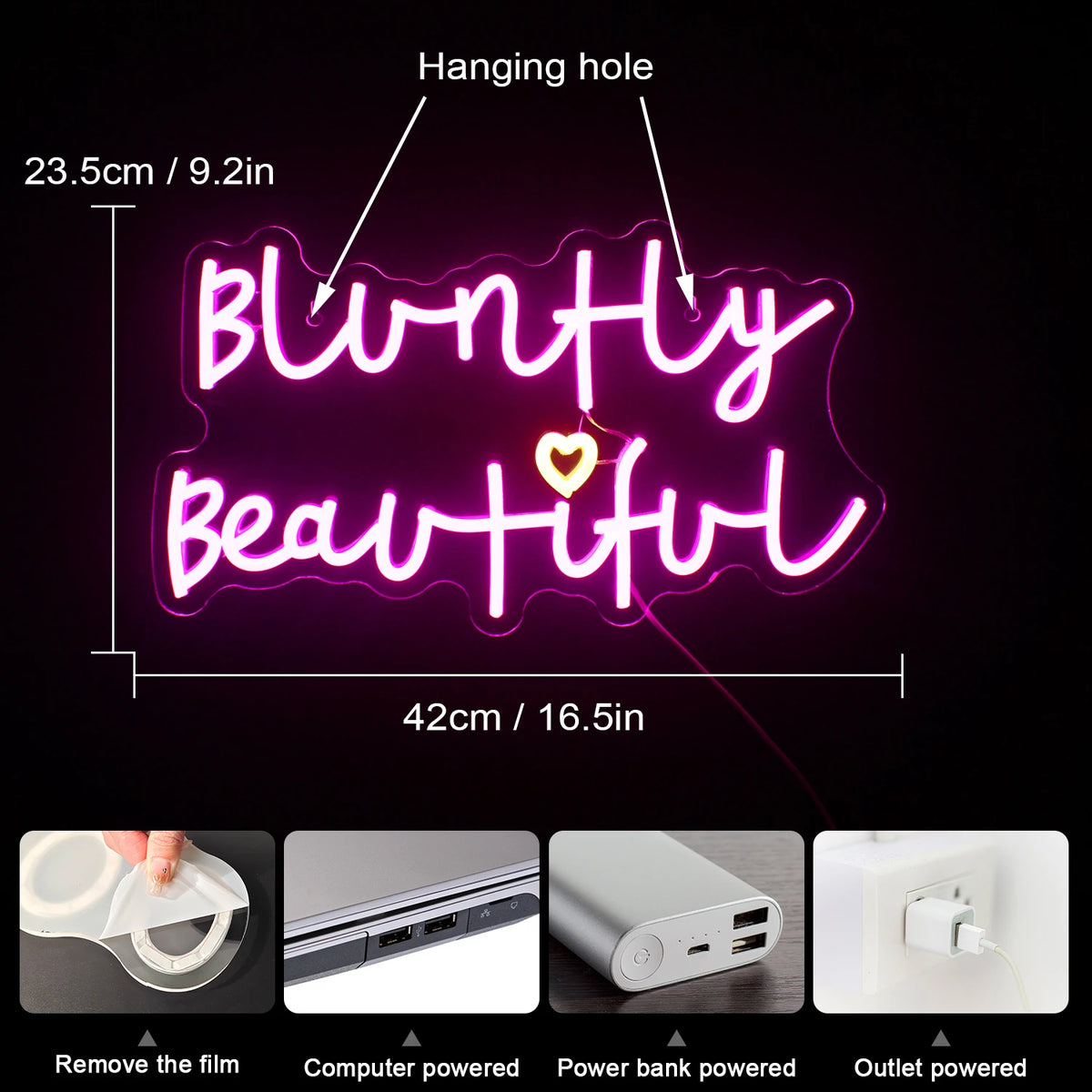 Bluntly Beautiful – Sydän – LED-neonvalomainos (5 V USB)
