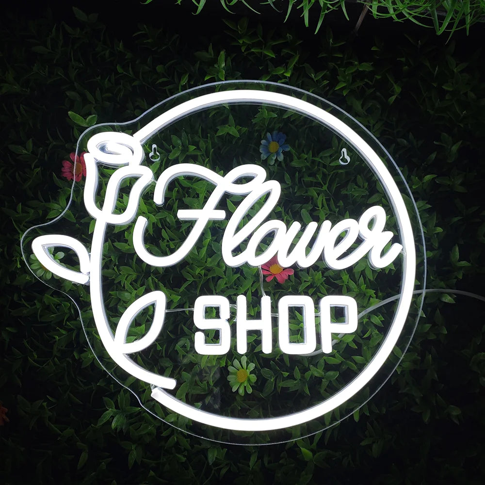 Flower SHOP – Ruusu ja pyöreä kehys – LED-neonkyltti (5 V USB)