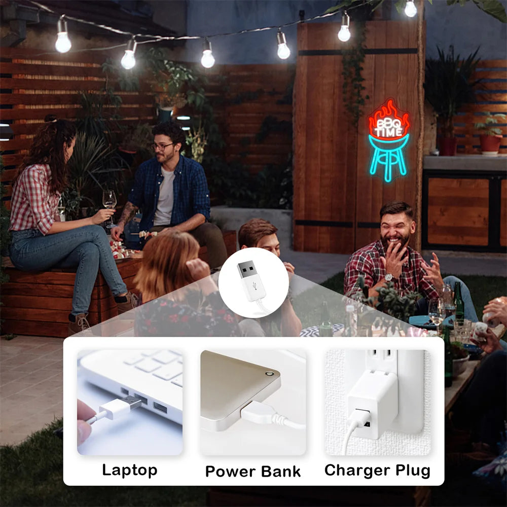 BBQ TIME – Liekehtivä grilli – LED-neonvalomainos (5 V USB)