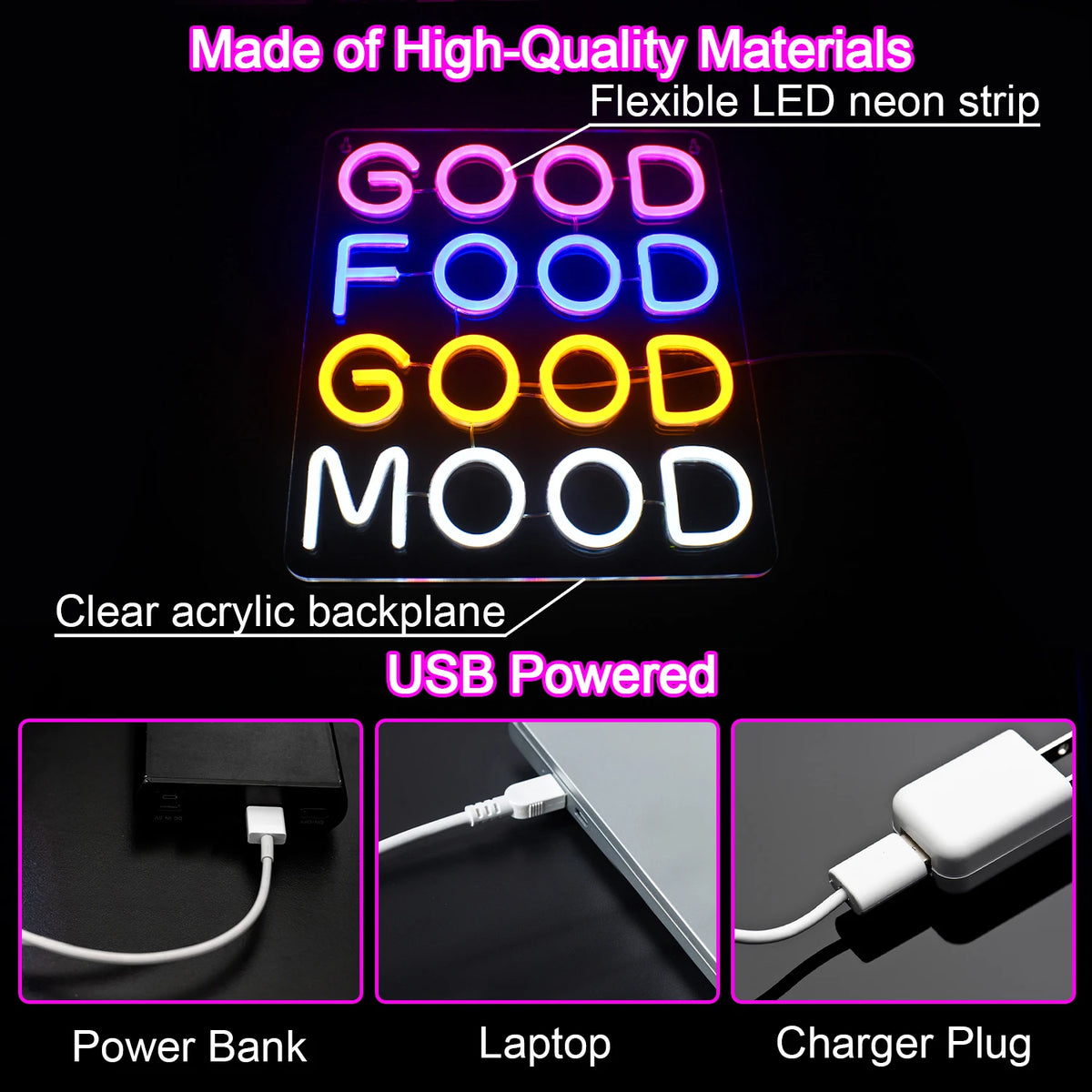 Good Food Good Mood – LED-neonvalomainos (5 V USB)