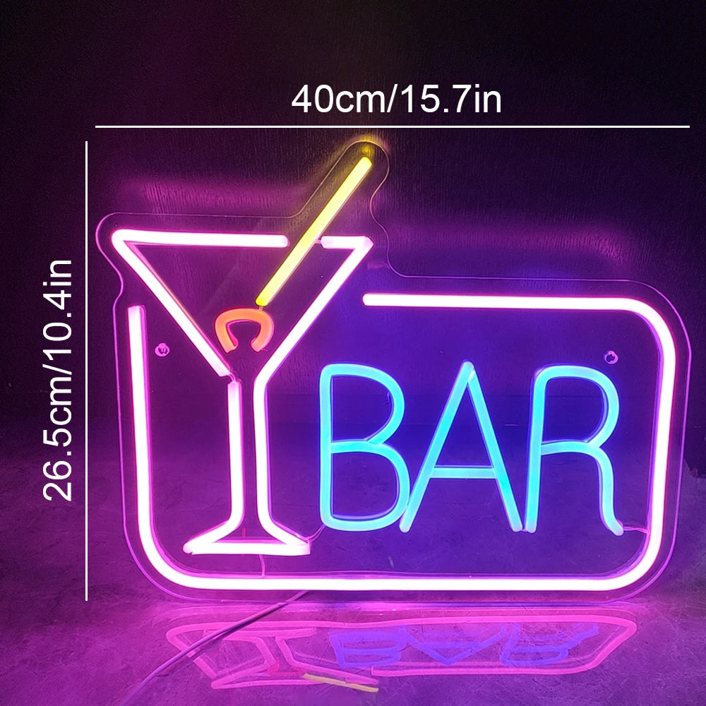 BAR – Cocktaillasi ja suorakaiteen muotoinen reunus – LED-neonvalomainos (5 V USB)