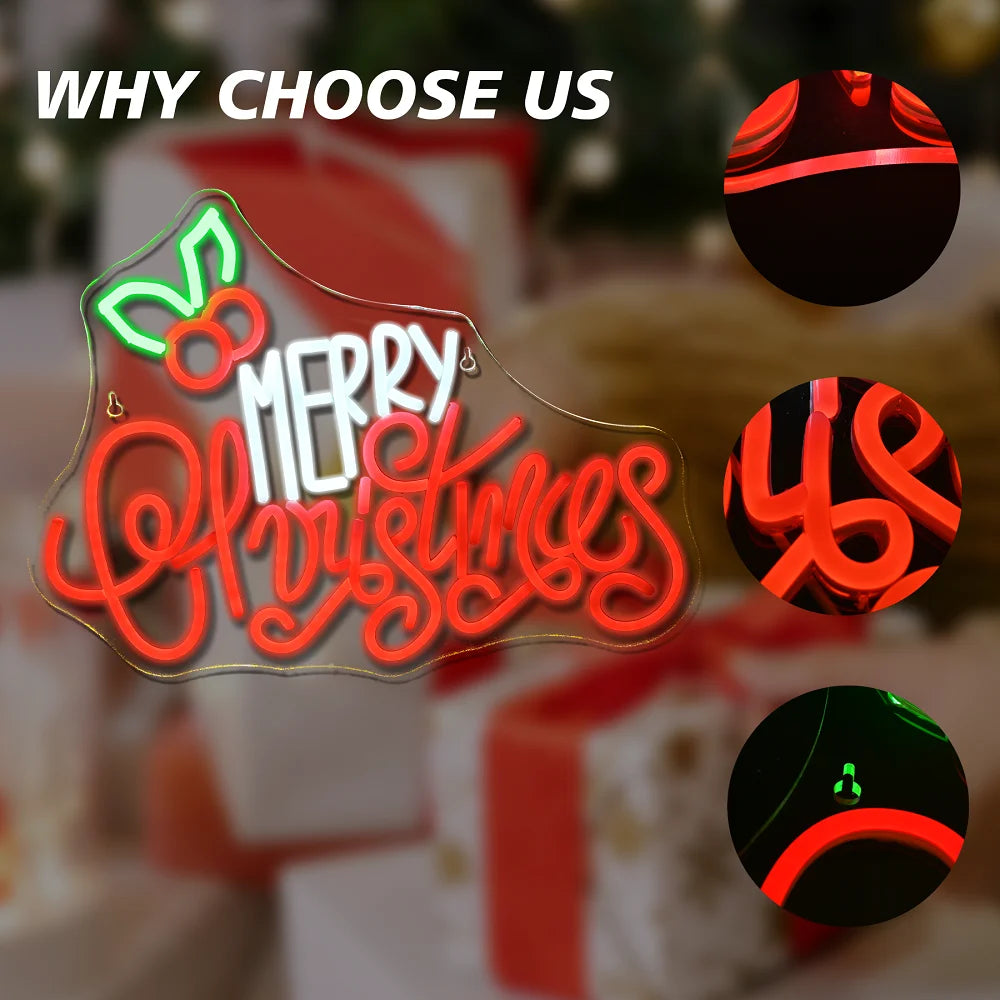 Merry Christmas – Jouluiset lehdet yläpuolella – LED-neonkyltti (5 V USB)