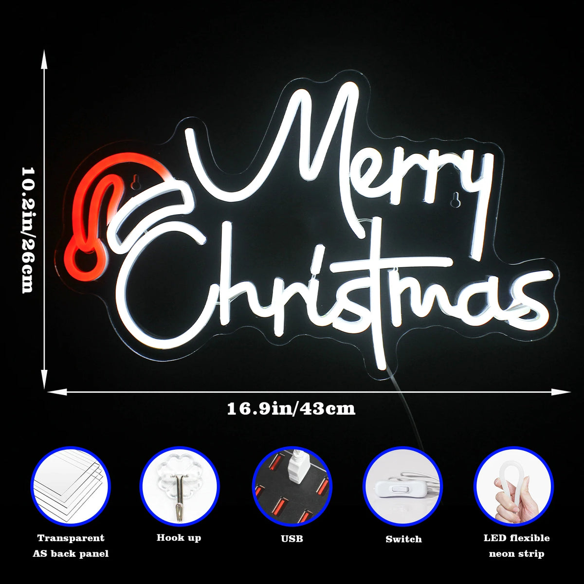 Merry Christmas – Joulupukin hattu – LED-neonkyltti (5 V USB)