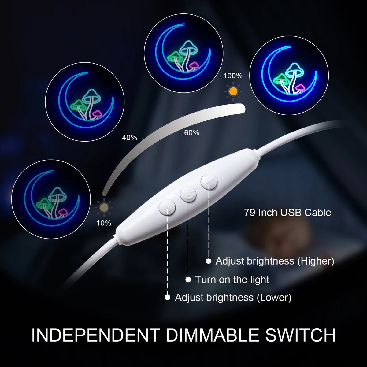 Kuu ja sieni – LED-neonkyltti (5 V USB)