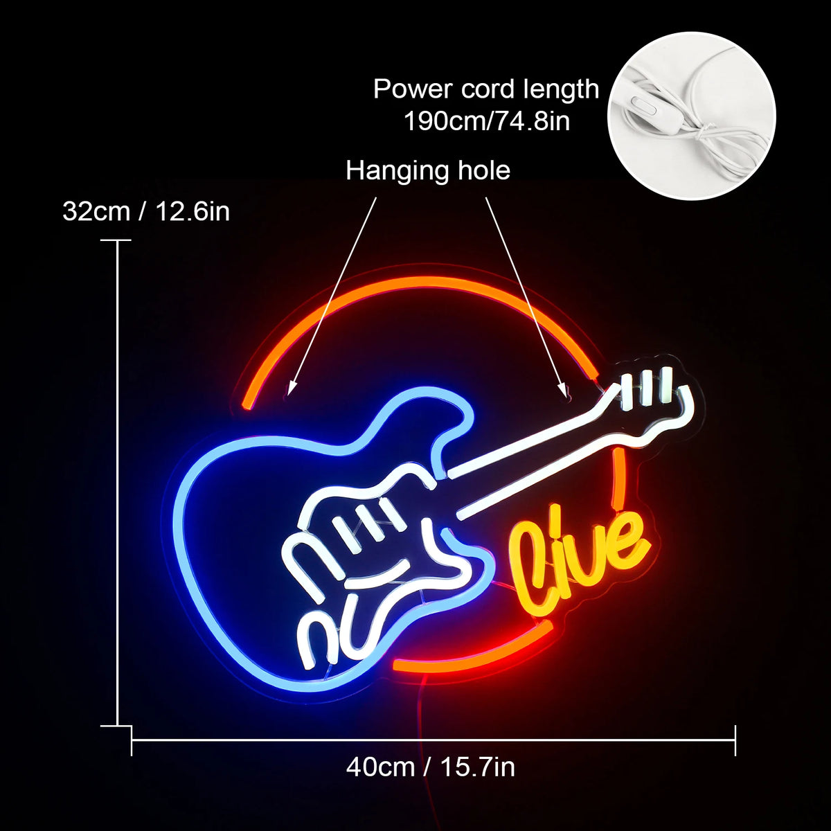 Live – Sähkökitara – LED-neonkyltti (5 V USB)