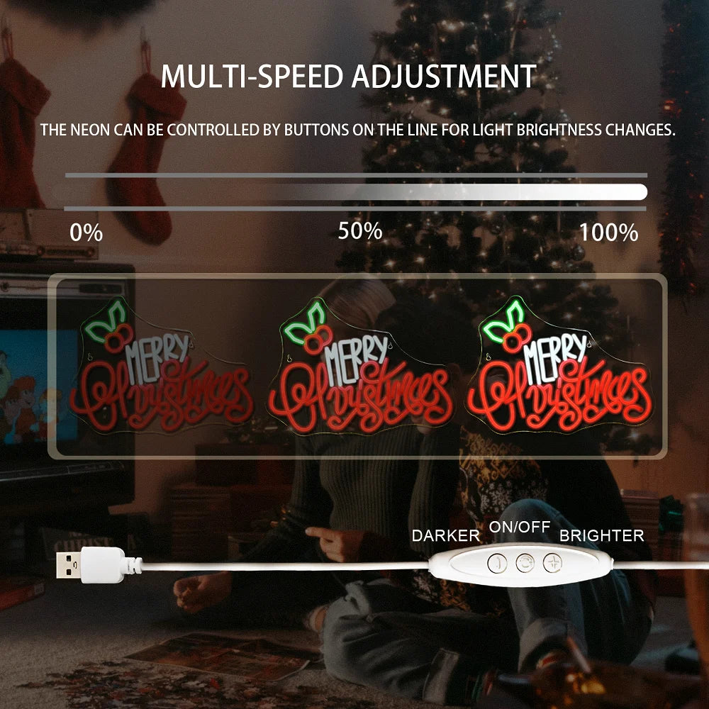 Merry Christmas – Jouluiset lehdet yläpuolella – LED-neonkyltti (5 V USB)
