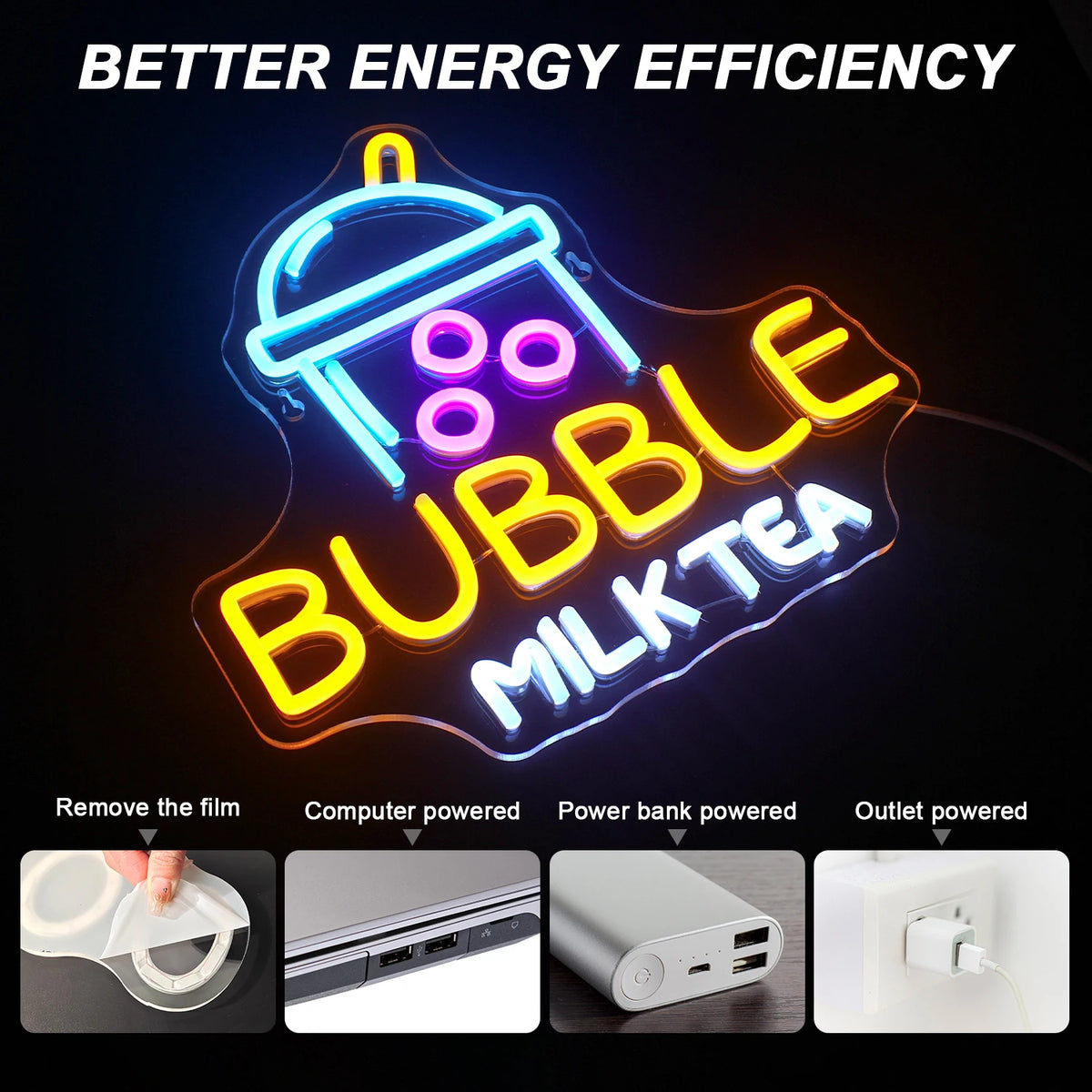 BUBBLE MILK TEA – Kuplateekuppi – LED-neonvalomainos (5 V USB)