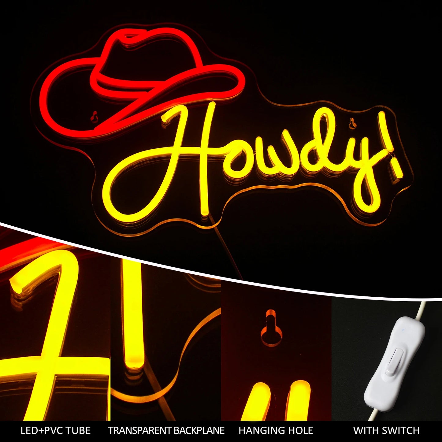 Howdy Cowboy Hat 5V Mini USB LED Neon Sign - Budget Friendly