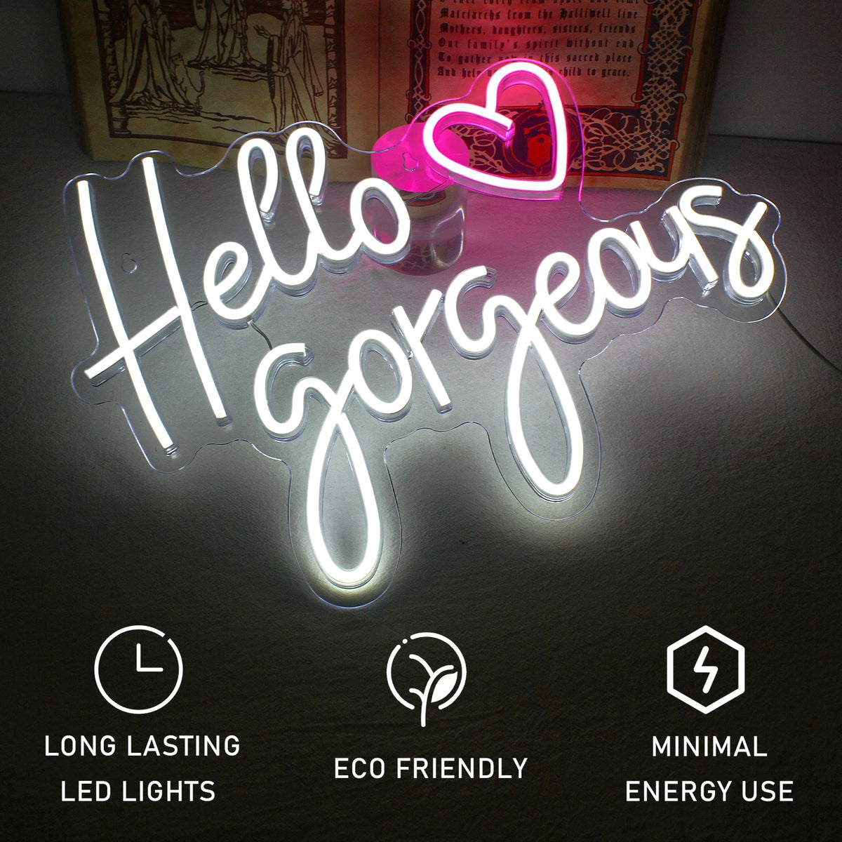 Hello Gorgeous – Sydän – LED-neonvalomainos (5 V USB)