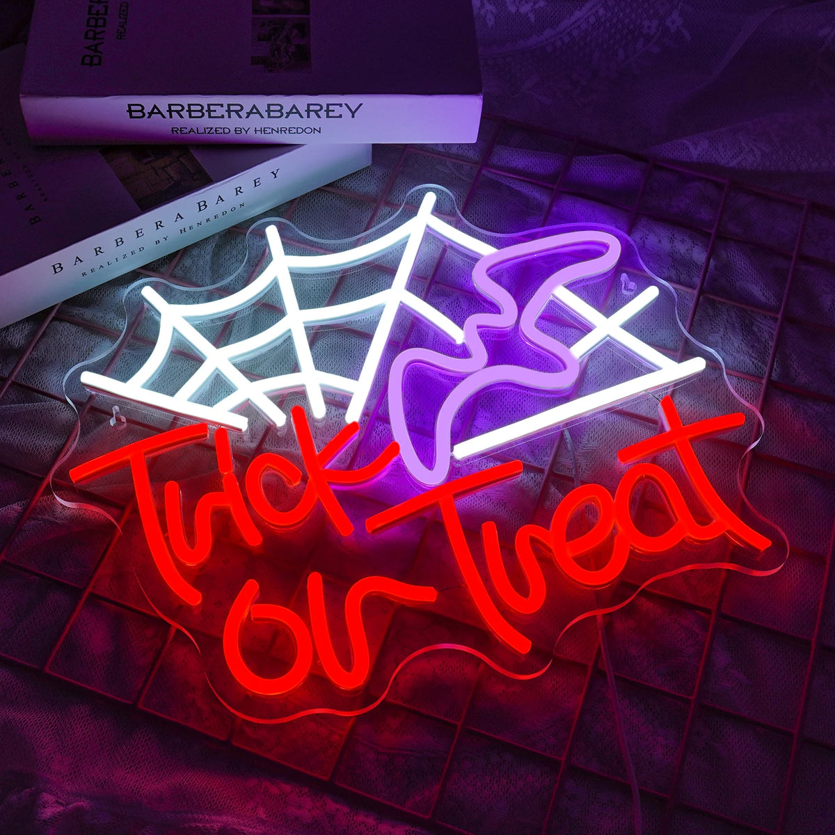 Trick or Treat – Hämähäkinseitti ja noidanhattu – LED-neonkyltti (5 V USB)