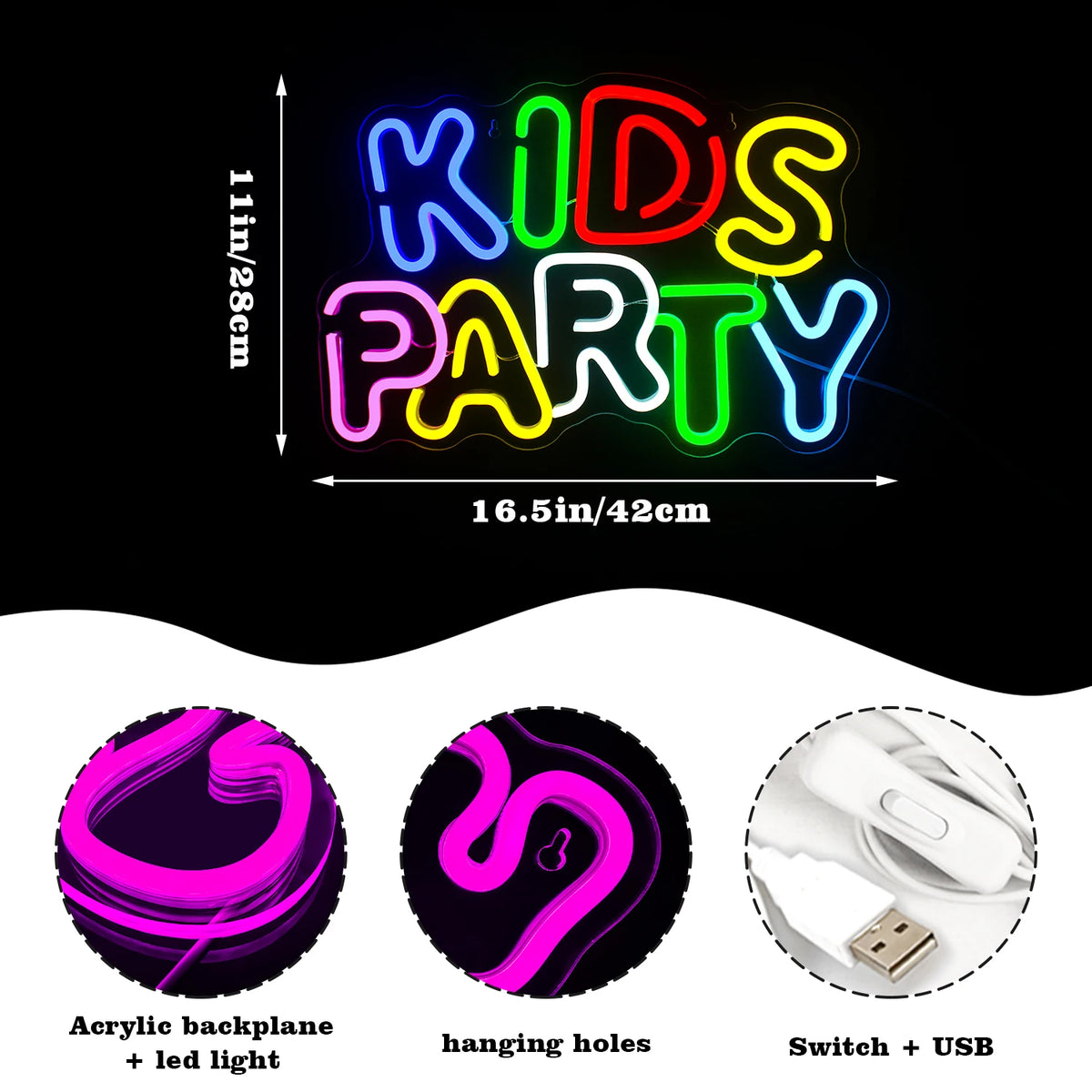 Kids Party – LED-neonkyltti (5 V USB)