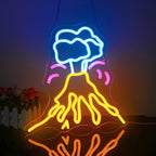 The image displays a vibrant LED neon sign in the shape of a volcano.