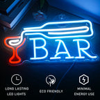 BAR – Lasin täyttävä viinipullo – LED-neonvalomainos (5 V USB)