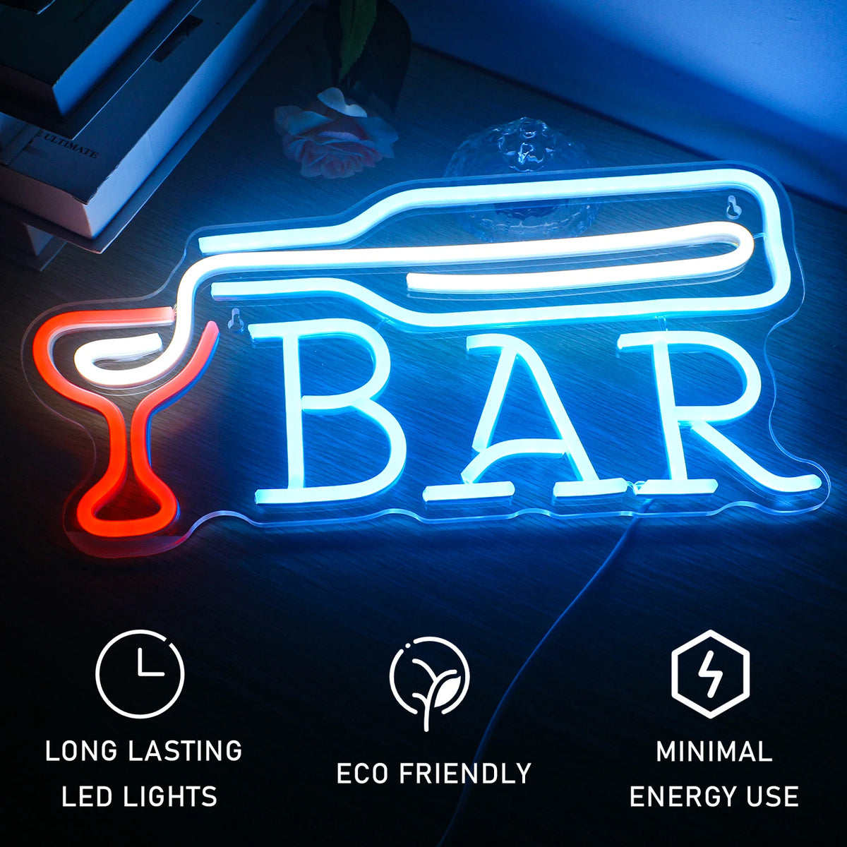 BAR – Lasin täyttävä viinipullo – LED-neonvalomainos (5 V USB)