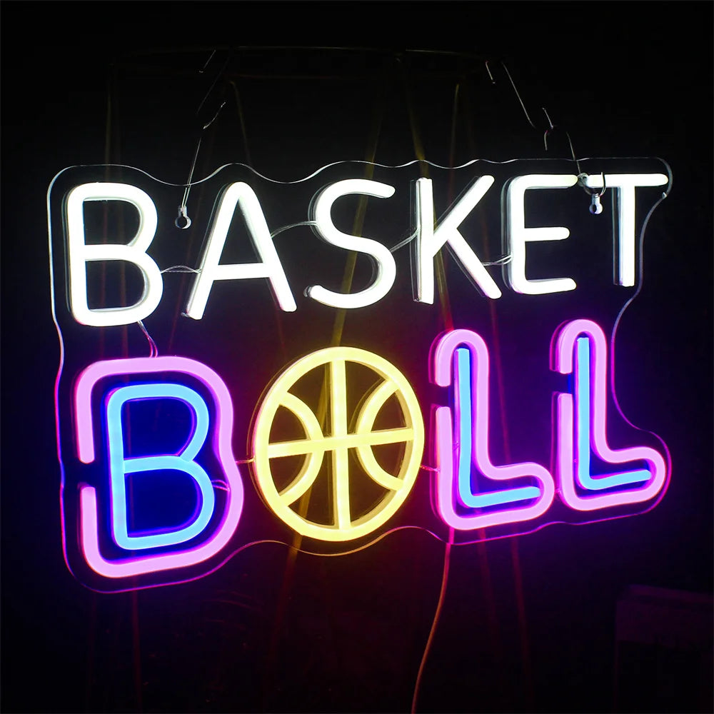 BASKET BALL – Koripallo BALL-sanan A-kirjaimen tilalla – LED-neonkyltti (5 V USB)