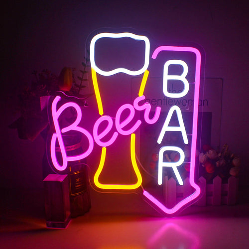 Eloisa LED-valokyltti, jossa näkyy sana "Beer Bar" lihavoituina isoin kirjaimin.