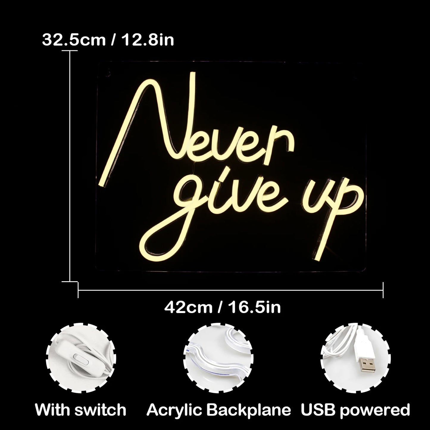 Never Give Up 5V Mini USB LED Neon Sign - Budget Friendly